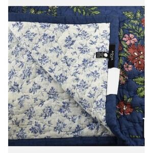 Aqua QUEEN Quilt & Shams Set Reversible Blue Toile Printed Floral Cotton Navy
